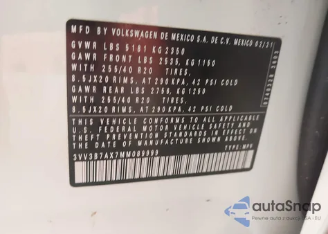 2021 Volkswagen Tiguan 2.0T Se/2.0T Se R-Line Black/2.0T Sel z USA, uszkodzony, nr VIN 3VV3B7AX7MM089999